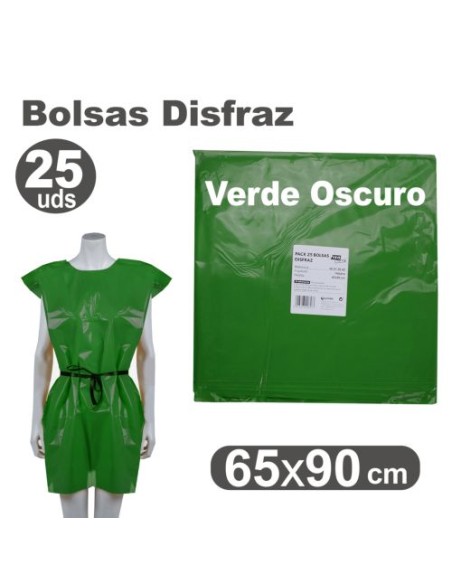 Pack 25 bolsas de plastico para disfraces 65x90cm color verde oscuro