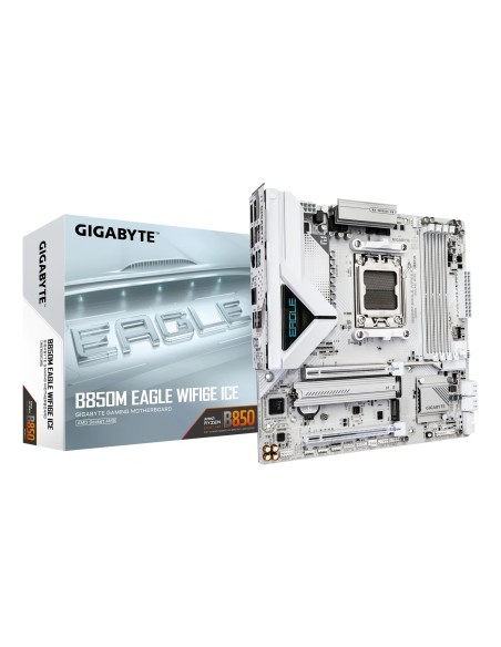 B850M EAGLE WIFI6E ICE Placa Base  Procesadores AMD Ryzen serie 9000, VRM digital de 8+2+2 fases, hasta 8200 MHz DDR5 (OC), 1 x