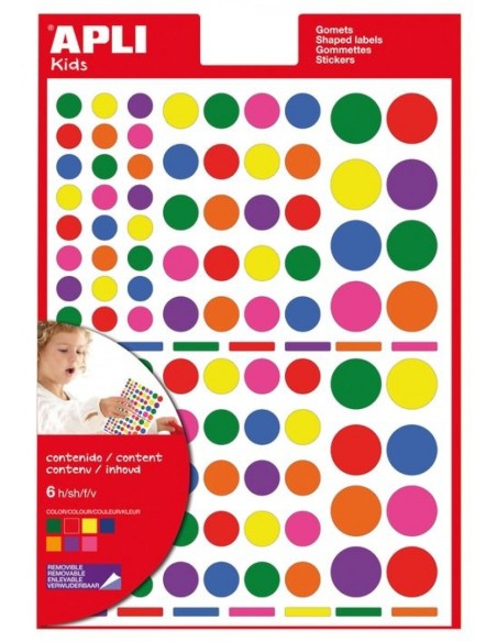 Bolsa 6 hojas gomets redondos 7 colores surtidos