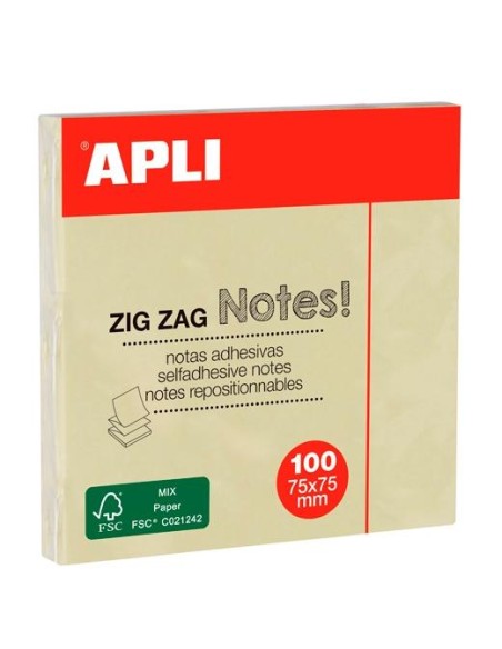 APLI NOTAS ADHESIVAS ZIGZAG CLASSIC 75X75MM BLOC 100H AMARILLO