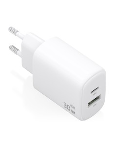 Cargador GaN 30W, 1xUSB-C PD3.0 QC4.0, 1xUSB-A QC3.0, Blanco