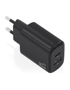 Cargador GaN 30W, 1xUSB-C PD3.0 QC4.0, 1xUSB-A QC3.0, Negro