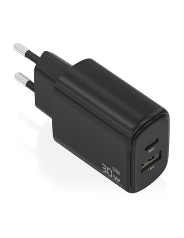 Cargador GaN 30W, 1xUSB-C PD3.0 QC4.0, 1xUSB-A QC3.0, Negro