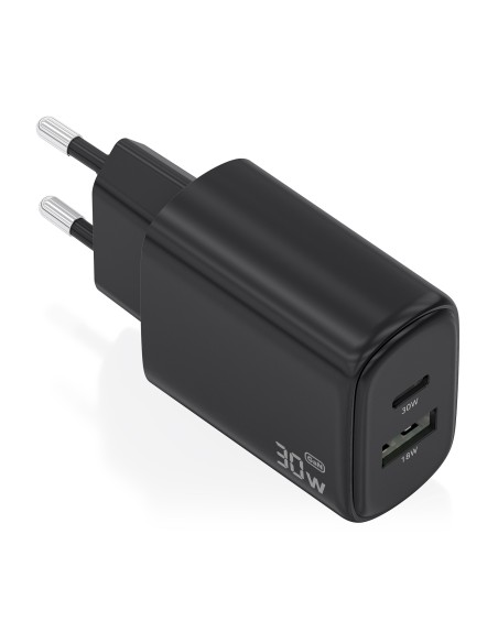 Cargador GaN 30W, 1xUSB-C PD3.0 QC4.0, 1xUSB-A QC3.0, Negro
