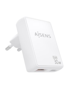 Cargador De Pared GaN Ultra Delgado 30W, 1xUSB-C PD3.0 QC4.0, 1xUSB-A QC3.0, Blanco