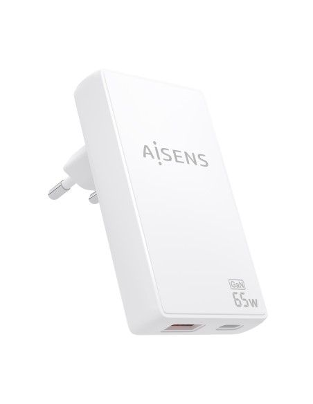 Cargador De Pared GaN Ultra Delgado 65W, 1xUSB-C PD3.0 QC4.0, 1xUSB-A QC3.0, Blanco