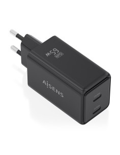 Cargador GaN 65W, 2xUSB-C PD3.0 QC4.0, Negro