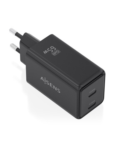 Cargador GaN 65W, 2xUSB-C PD3.0 QC4.0, Negro