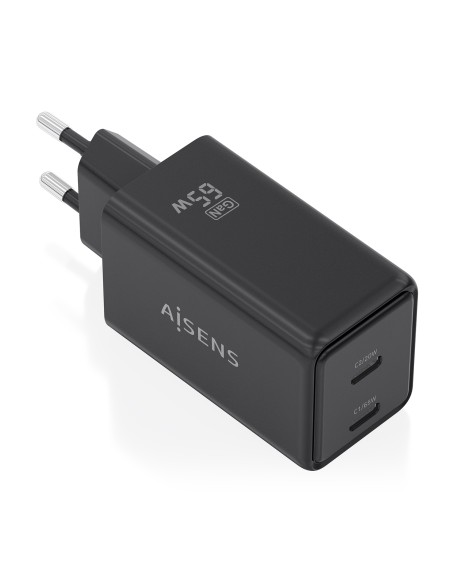 Cargador GaN 65W, 2xUSB-C PD3.0 QC4.0, Negro