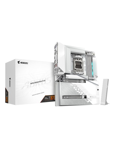 X870 AORUS STEALTH ICE Placa Base  Compatible con procesadores AMD Ryzen 9000, VRM digital de 16+2+2 fases, hasta 8200 MHz DDR5