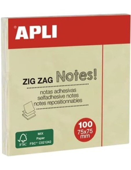 Bloc 100 notas adhesivas zigzag amarillas 75x75mm Apli