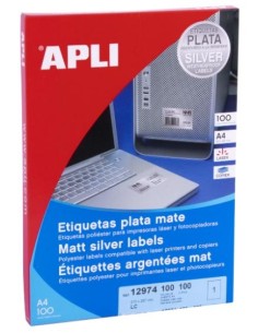 APLI ETIQUETAS METALIZADAS 210,0 X 297,0 MM CANTOS RECTOS PLATA - 100 HOJAS-