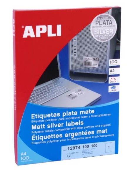 APLI ETIQUETAS METALIZADAS 210,0 X 297,0 MM CANTOS RECTOS PLATA - 100 HOJAS-