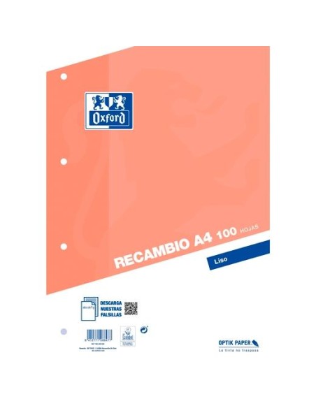OXFORD RECAMBIO CLASSIC 100H A4 SUELTAS 90GR LISO 4 TALADROS NARANJA 400173742 - Pack de 25 unidades