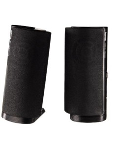 Altavoz estéreo con conexión USB A y Jack de 3,5mm, control de volumen integrado, color negro.