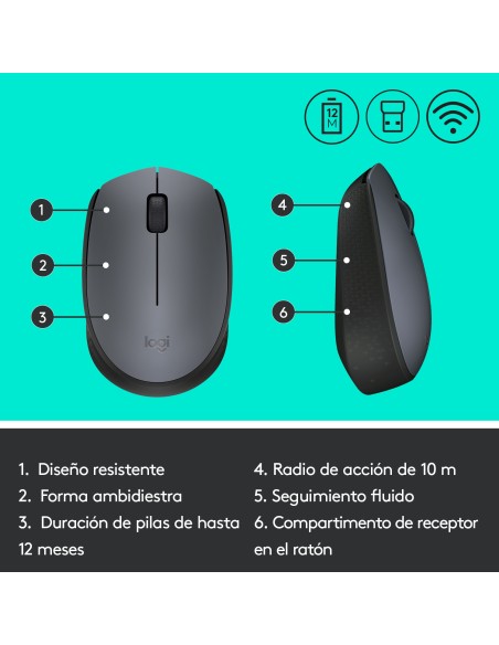 M170 Grey-K ratón Ambidextro RF inalámbrico Óptico 1000 DPI M170 Grey-K ratón Ambidextro RF inalámbrico Óptico 1000 DPI