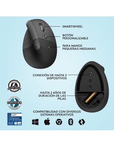 Lift ratón mano derecha RF Wireless + Bluetooth Óptico 4000 DPI
