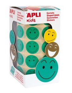 Rollo gomets redondos con caras felices color verde 20mm