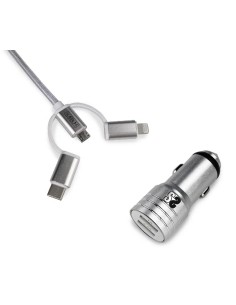 Cargador Coche 2xUSB Dual Car Charger Alum 2.4A + Cable 3 in 1 Silver