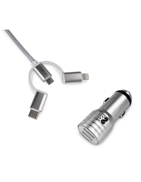 Cargador Coche 2xUSB Dual Car Charger Alum 2.4A + Cable 3 in 1 Silver
