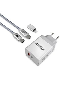CARGADOR ULTRA RAPIDO 2xUSB DE PARED PD25W+QC3.0+Cable C to C y lightning Blanco