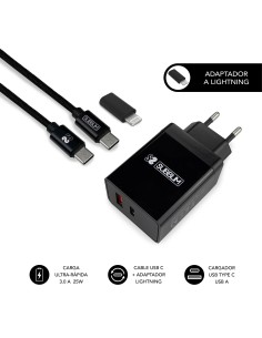 CARGADOR ULTRA RAPIDO 2xUSB DE PARED PD25W+QC3.0+Cable C to C y lightning Negro