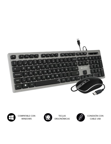 Teclado Ergonómico y ratón con cable USB Plano Silencioso Gris/Negro Ergo
