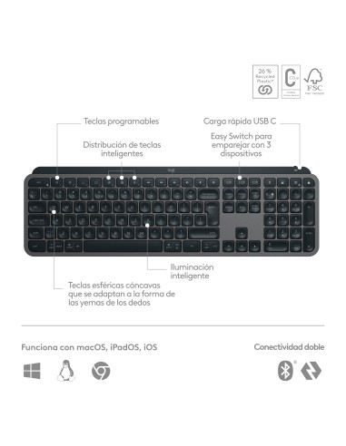 MX Keys S teclado RF Wireless + Bluetooth QWERTY Español Grafito