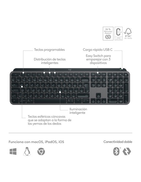 MX Keys S teclado RF Wireless + Bluetooth QWERTY Español Grafito MX Keys S teclado RF Wireless + Bluetooth QWERTY Español Grafito