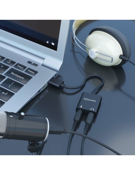 Conversor USB-A a Audio 48KHz, USB-A/M-2xJack 3.5/H, Negro, 10 cm