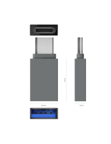 Mini Adaptador Aluminio USB 3.2 Gen1 3A, Tipo USB-C/M-A/H, Gris