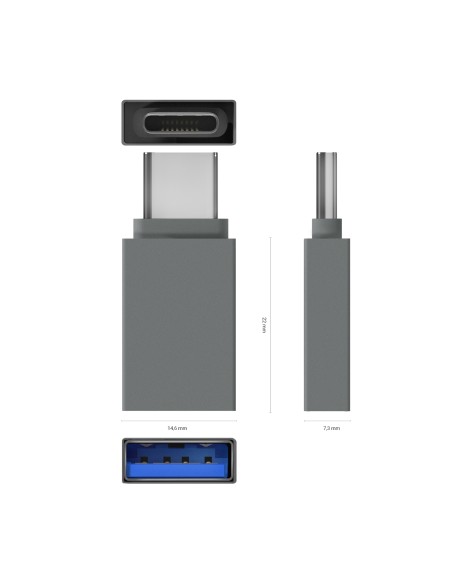 Mini Adaptador Aluminio USB 3.2 Gen1 3A, Tipo USB-C/M-A/H, Gris