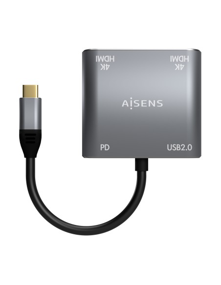 Conversor USB-C a 2XHDMI 4K SST MST/USB2.0/USB-C PD 60W, USB-C/M-2XHDMI/H-USB-A/H-USB-C/H, Gris, 15CM
