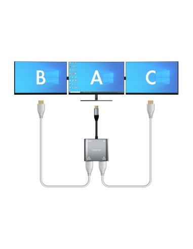 Conversor USB-C a 2XHDMI 4K SST MST/USB2.0/USB-C PD 60W, USB-C/M-2XHDMI/H-USB-A/H-USB-C/H, Gris, 15CM