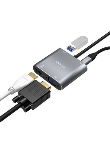 Conversor USB-C a VGA/HDMI 4K/USB3.0/USB-C PD, USB-C/M-VGA/H-HDMI/H-USB-A/H-USB-C/H, Gris, 15CM