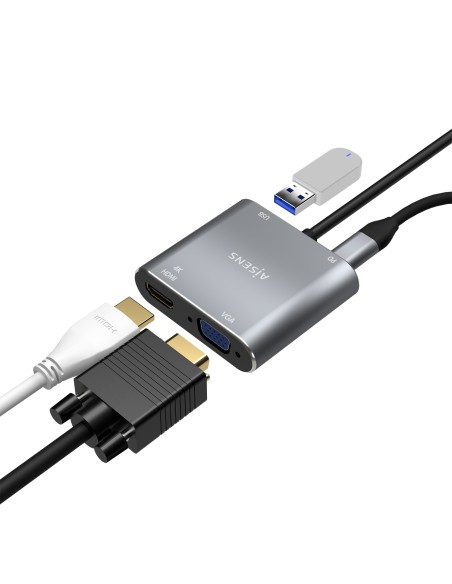 Conversor USB-C a VGA/HDMI 4K/USB3.0/USB-C PD, USB-C/M-VGA/H-HDMI/H-USB-A/H-USB-C/H, Gris, 15CM