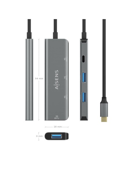 Hub USB 3.2 Gen1 5G USB-C, USB-C/M-1xUSB-C/H-3xUSB-A/H, Gris, 15 cm