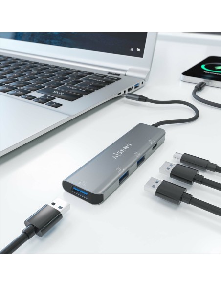 Hub USB 3.2 Gen1 5G USB-C, USB-C/M-1xUSB-C/H-3xUSB-A/H, Gris, 15 cm