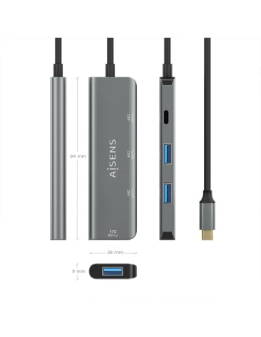 Hub USB 3.2 Gen2 10G USB-C, USB-C/M-1xUSB-C/H-3xUSB-A/H, Gris, 15 cm
