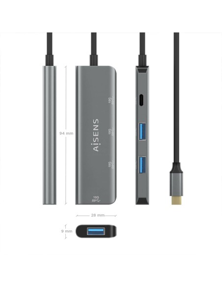 Hub USB 3.2 Gen2 10G USB-C, USB-C/M-1xUSB-C/H-3xUSB-A/H, Gris, 15 cm