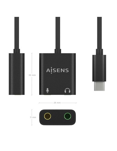 Conversor USB-C a Audio 48KHz, USB-C/M-2xJack 3.5/H, Negro, 10 cm