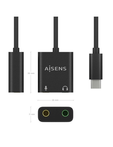 Conversor USB-C a Audio 48KHz, USB-C/M-2xJack 3.5/H, Negro, 10 cm