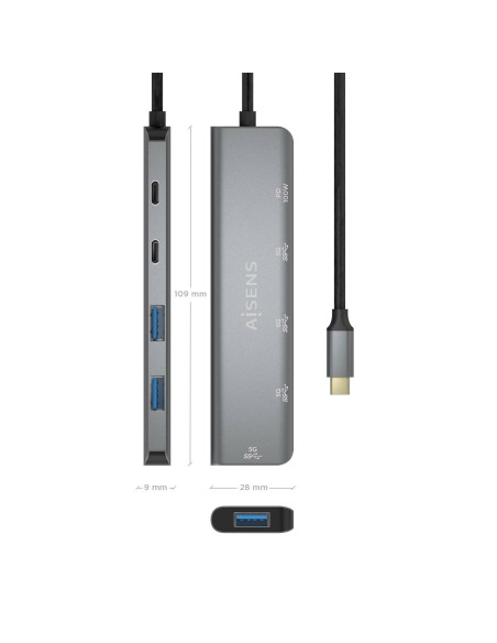 Hub USB 3.2 Gen1 5G USB-C, USB-C/M-1xUSB-C PD100W/H-1xUSB-C/H-3xUSB-A/H, Gris, 15cm
