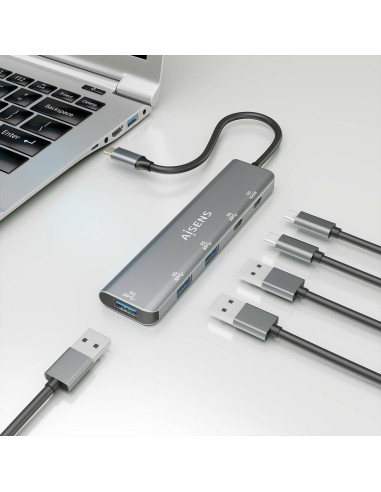 Hub USB 3.2 Gen1 5G USB-C, USB-C/M-1xUSB-C PD100W/H-1xUSB-C/H-3xUSB-A/H, Gris, 15cm
