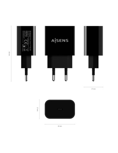 Cargador USB-C PD3.0 1 Puerto 1x USB-C 20 W, Negro