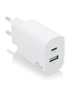 Cargador 20W, 1xUSB-C PD3.0, 1xUSB-A QC3.0, Blanco