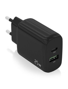 Cargador 25W, 1xUSB-C PD3.0, 1xUSB-A QC3.0, Negro