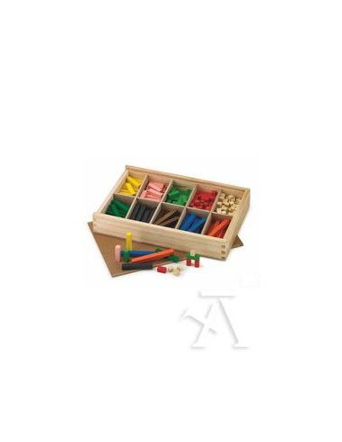 Caja de madera con departamentos con 61 regletas colores 2x2cm