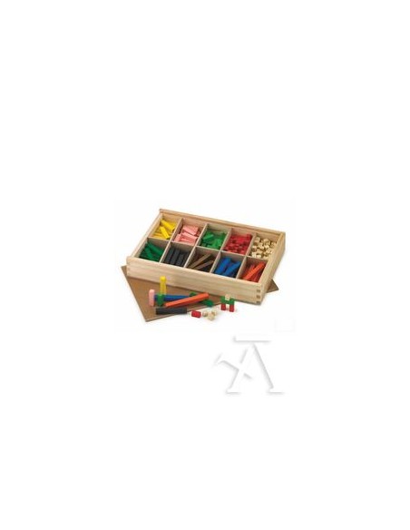 Caja de madera con departamentos con 61 regletas colores 2x2cm