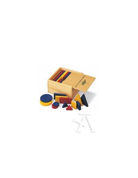 Caja de madera con bloques logicos de madera